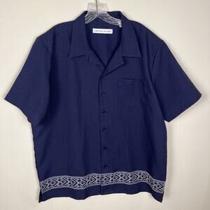 Irvine Park Men's Large Navy Blue Embroidered Border Short Sleeve Button Up Top